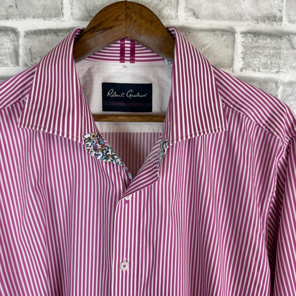 Robert Graham Mens 3XL Tailored Fit Pink White Striped Button Down Shirt Floral